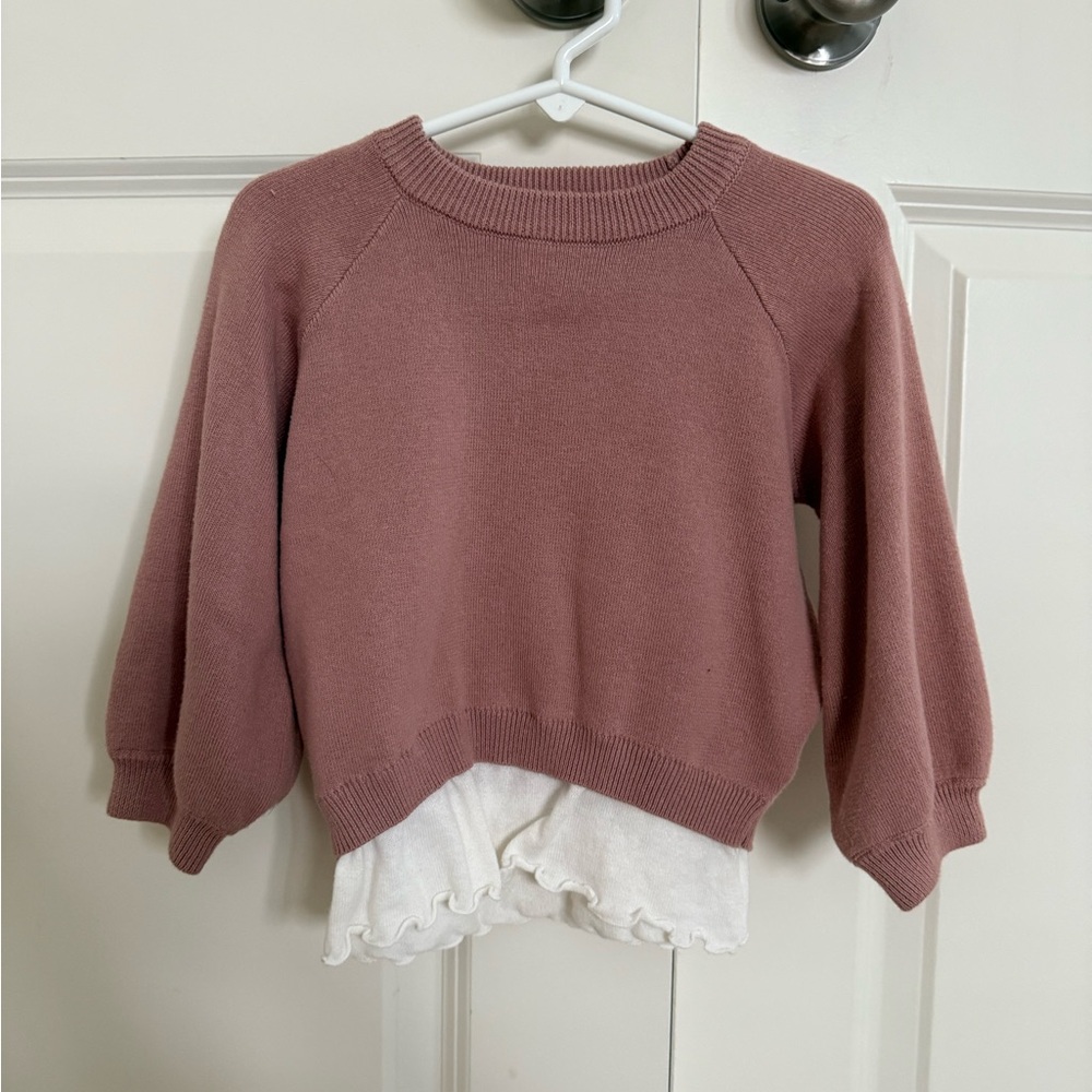Pink and White Crew Neck Cropped Sweater